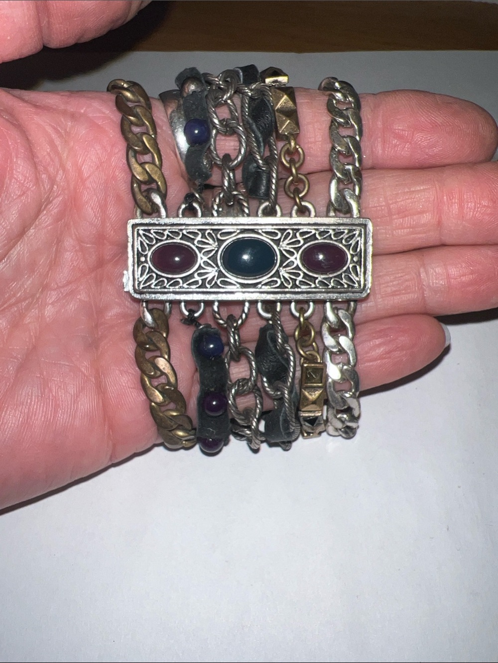 Luck Brand Multi-Chain Mixed Metal and Leather Statement Bracelet magnetic close